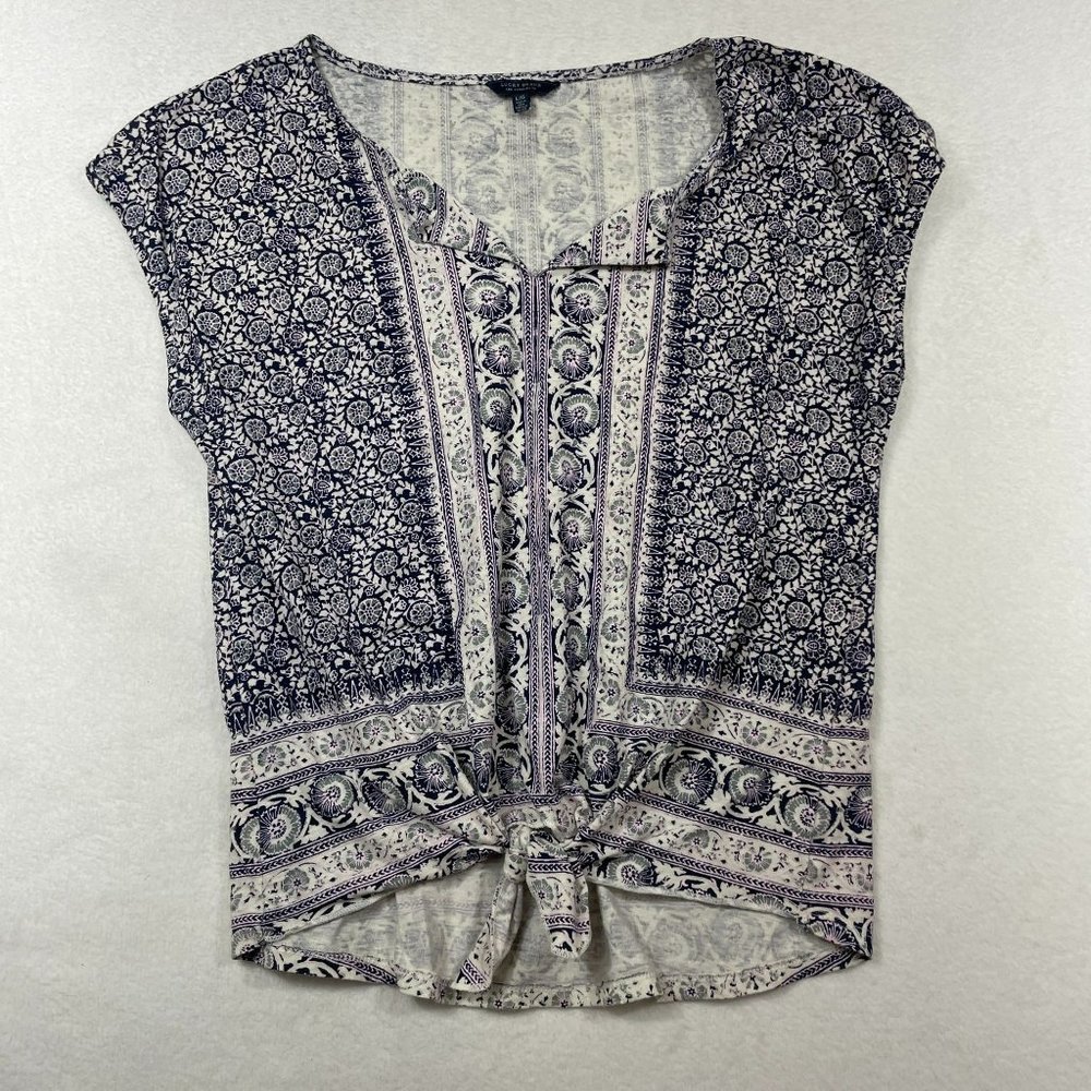 Lucky Brand Tie Waist Floral Boho Tee Size L Blue Lightweight Casual Spliced